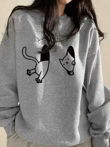Japanese Minimalist Line Drawing Cat Print Crew Neck Sweatshirt, Oversized Drop Shoulder Slimming Student Casual Autumn Top - Light Grey - View 3