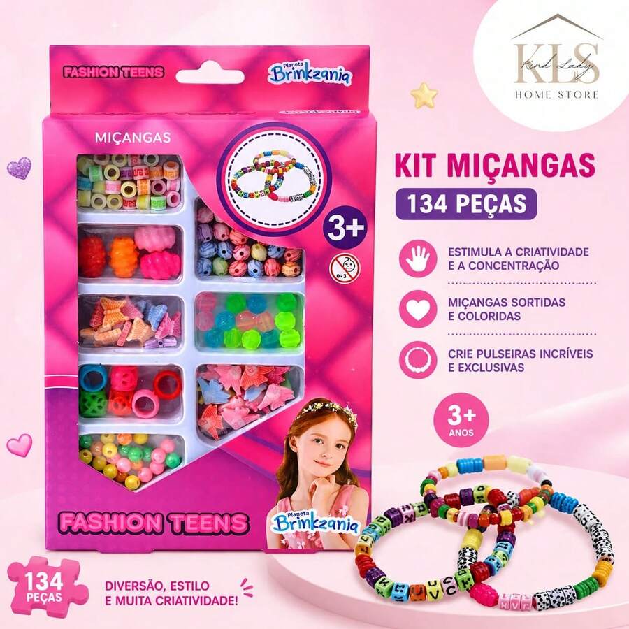 Kit De Miçangas Infantil Fashion Teens 134 Peças Fazer Pulseiras Brinquedo Menina Presente