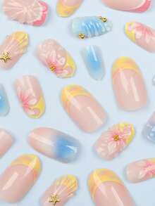 24片短杏仁形秋季美甲貼紙，黃色水波紋法式3D葡萄柚粉色花朵美甲，合金壓入式凝膠美甲套組（含1片果凍膠和1片美甲锉），適合女性日常、約會與派對 - 彩色 - 查看 4