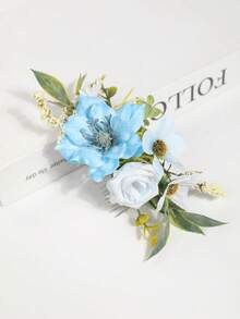 1pc Sweet Realistic Daisy & Green Leaf Hair Comb, Girly Style Side Bun Hair Accessory For Photography And Women's Dress Up - Light Blue - View 3