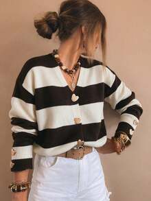 SEREN Fashion Women's Colorblock Striped V-Neck Long Sleeve Knit Cardigan, Heart-Shaped Button Design, Suitable For Autumn/Winter Wear - Dark Coffee - View 1