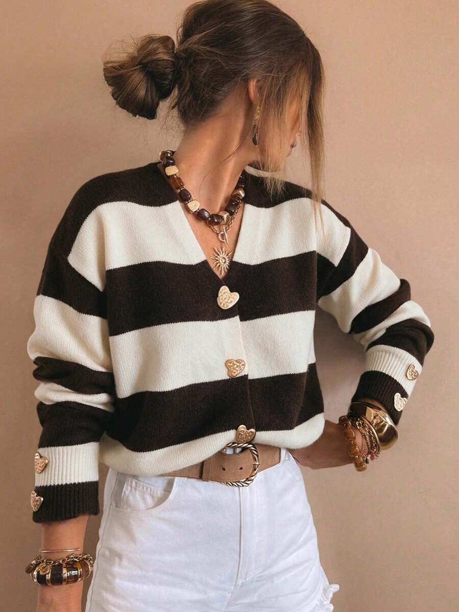 SEREN Fashion Women's Colorblock Striped V-Neck Long Sleeve Knit Cardigan, Heart-Shaped Button Design, Suitable For Autumn/Winter Wear - Dark Coffee - View 1