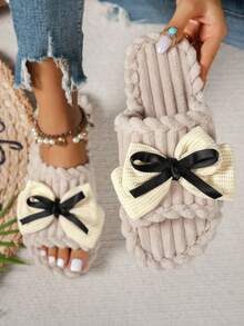 Women's Solid Color Fashion Fabric Bow Knot Comfortable Soft Sole Home Slippers Autumn/Winter One-Strap - Beige - View 7