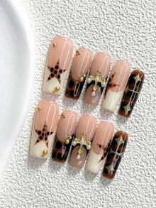 10片裝奢華酷感手工穿戴甲，Polygel美甲套組，珍珠十字設計，棕色美甲，美式復古風，3種尺寸可選，杏仁甲、鴨嘴甲、棺材甲，適合派對、舞蹈、日常穿戴（手工細節可能有所不同） - 彩色 - 查看 20