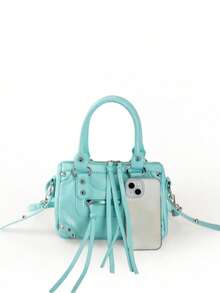 Women's Mini Biker Style Top Handle Bag, Punk Rivet & Tassel Decor Faux Leather Crossbody Purse, Y2K Streetwear Handbag - Baby Blue - View 3