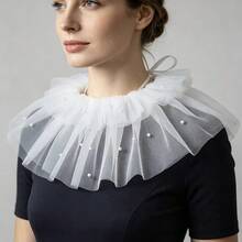 Detachable Pearl Mesh Layered Ruffle Fake Collar, Court Style Sweet Decor Accessory For Dress And Photo Shoot - White - View 1