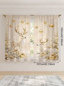 2Pcs Christmas Holiday Curtains, Champagne Gold Deer & Snow Landscape Print Pattern Curtains, Warm Atmosphere Semi-Sheer Rod Pocket Window Decor, Suitable For Living Room And Bedroom, Rod Not Included, Machine Washable - Multicolor - View 12