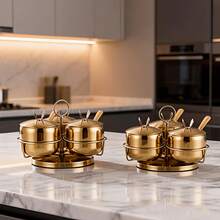 3/4-teiliges Gewürzglas-Set aus goldenem Edelstahl mit drehbarem Ständer, Glasbehälter mit Deckel  Löffeln, Küchendosen-Set für Kaffeebohnen, Pfeffer, MSG, Süßigkeiten, Hühnerbrühe  Salz - Übersicht 9