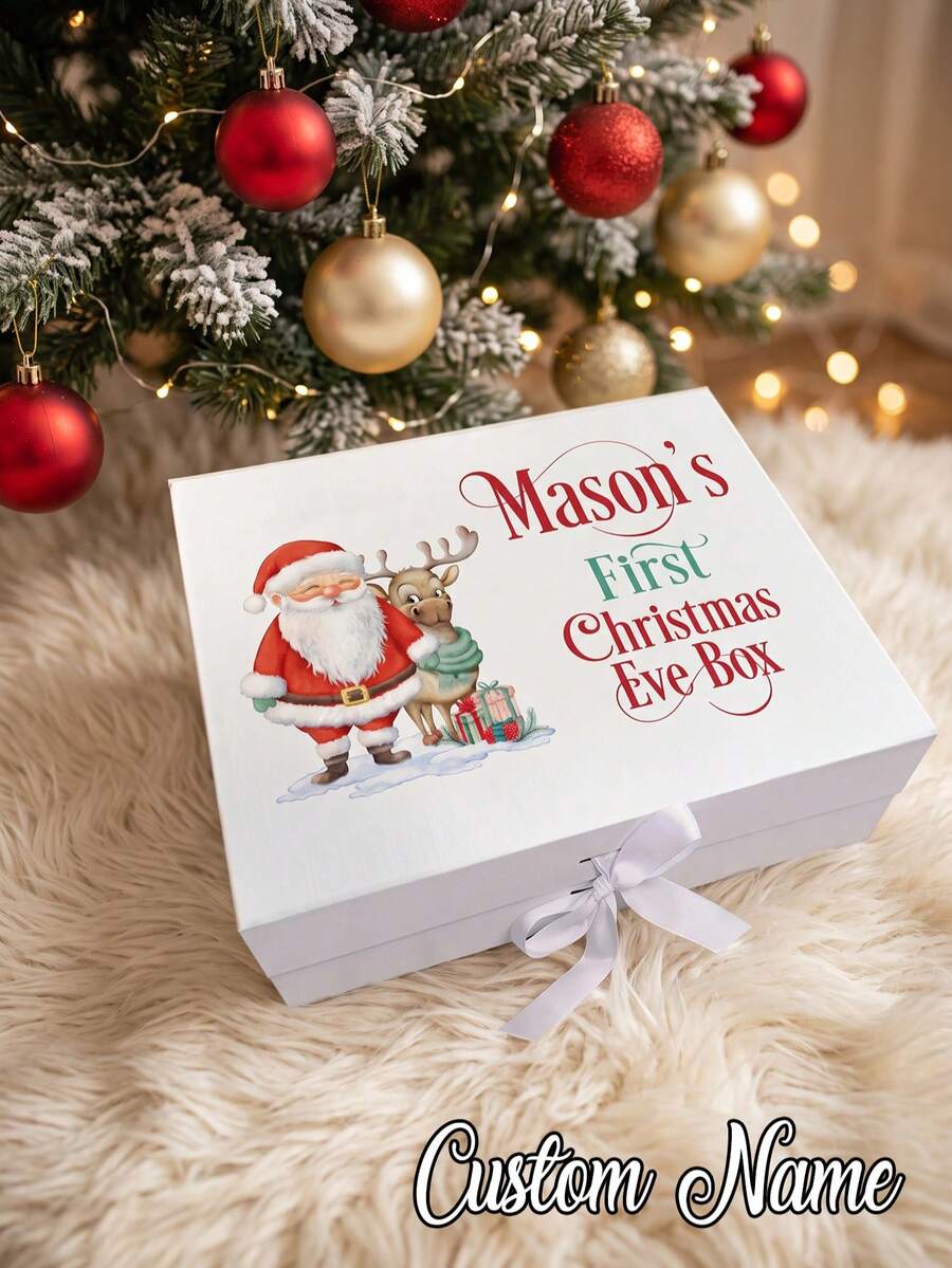 1pc-Customized Christmas Name Gift Box, Personalized Christmas Gift Box, Customized Empty Magnetic Gift Box With Ribbon Bow, Personal Christmas Message Box, Christmas Eve Gift Box, Personalized Gift Box, Christmas Gift Box, Christmas Eve Gift Box, White And Pink Paper Box With Ribbon Bow, Magnetic Customized Gift Box Lid And Ribbon Gift, Magnetic Empty Gift Box With Letter Customization For Christmas Gift Box, Suitable For Holiday Parties - Multicolor - View 1
