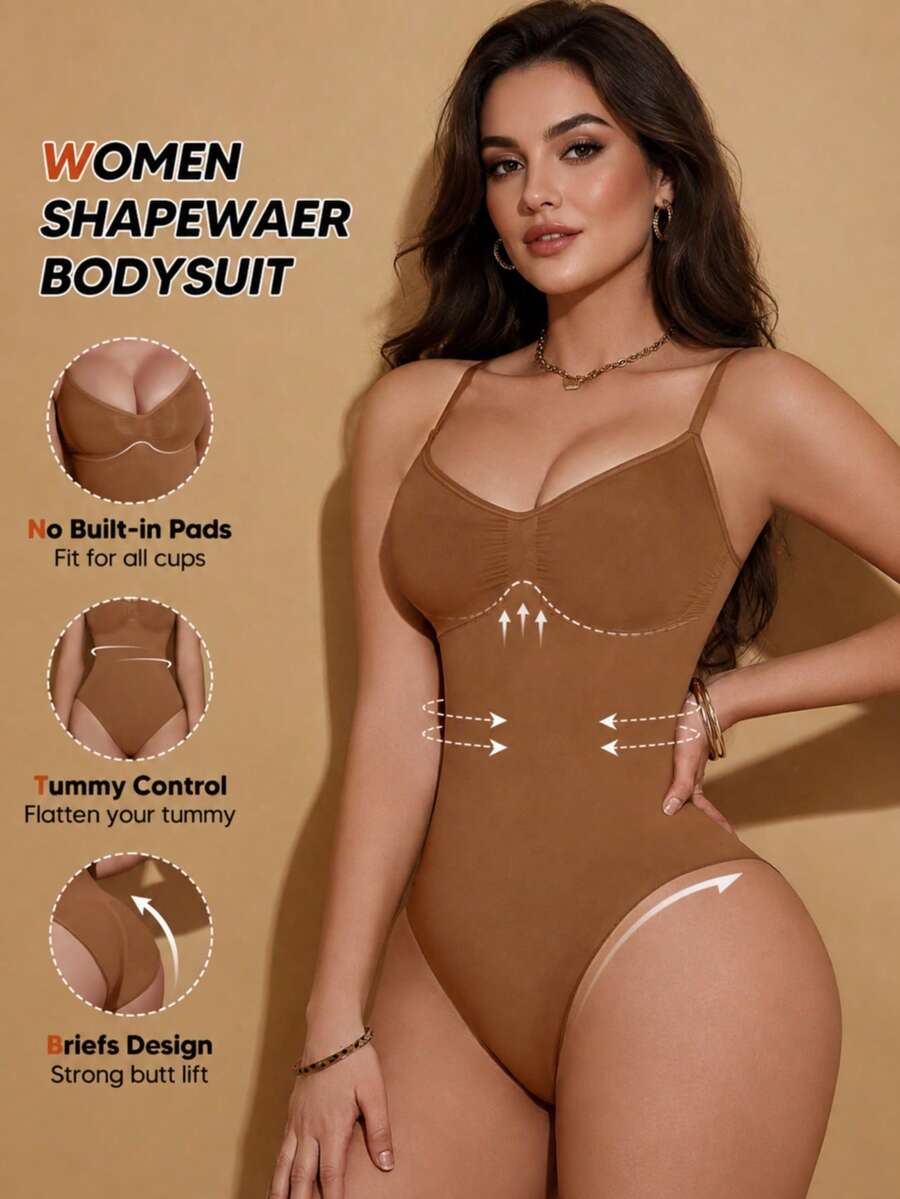 Women's Minimalist Solid Color Tummy Control Waist Slimming Bodysuit, Suitable As Undershirt Or Base Layer Summer Elegant Brown - Brown - View 1