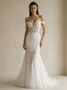 Wedding Dress, Ethereal Sheer Lace Mermaid Wedding Gown, Lace-Up Back, Sparkling Beaded Tulle Ballgown, Suitable For Wedding Guests And Evening Parties - White - View 1