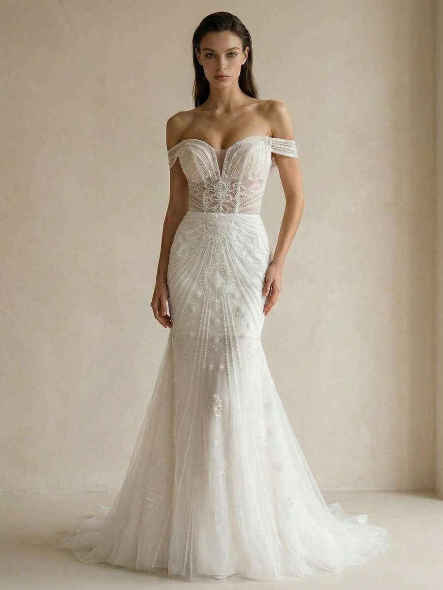 Wedding Dress, Ethereal Sheer Lace Mermaid Wedding Gown, Lace-Up Back, Sparkling Beaded Tulle Ballgown, Suitable For Wedding Guests And Evening Parties - White - View 1