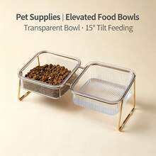 15° Tilted Elevated Double Cat Bowl, Rose Gold Iron Frame Transparent Striped Pet Food & Water Feeder, Neck-Protecting Raised Anti-Slip Anti-Spill Feeding Bowl, Suitable For Cats, Kittens, Small Dogs And Other Pets Home Feeding Set - Large Capacity - View 3