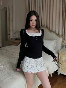 Women's Polka Dot Patchwork Long Sleeve T-Shirt, Slim Fit Top For Early Autumn - Black - View 9