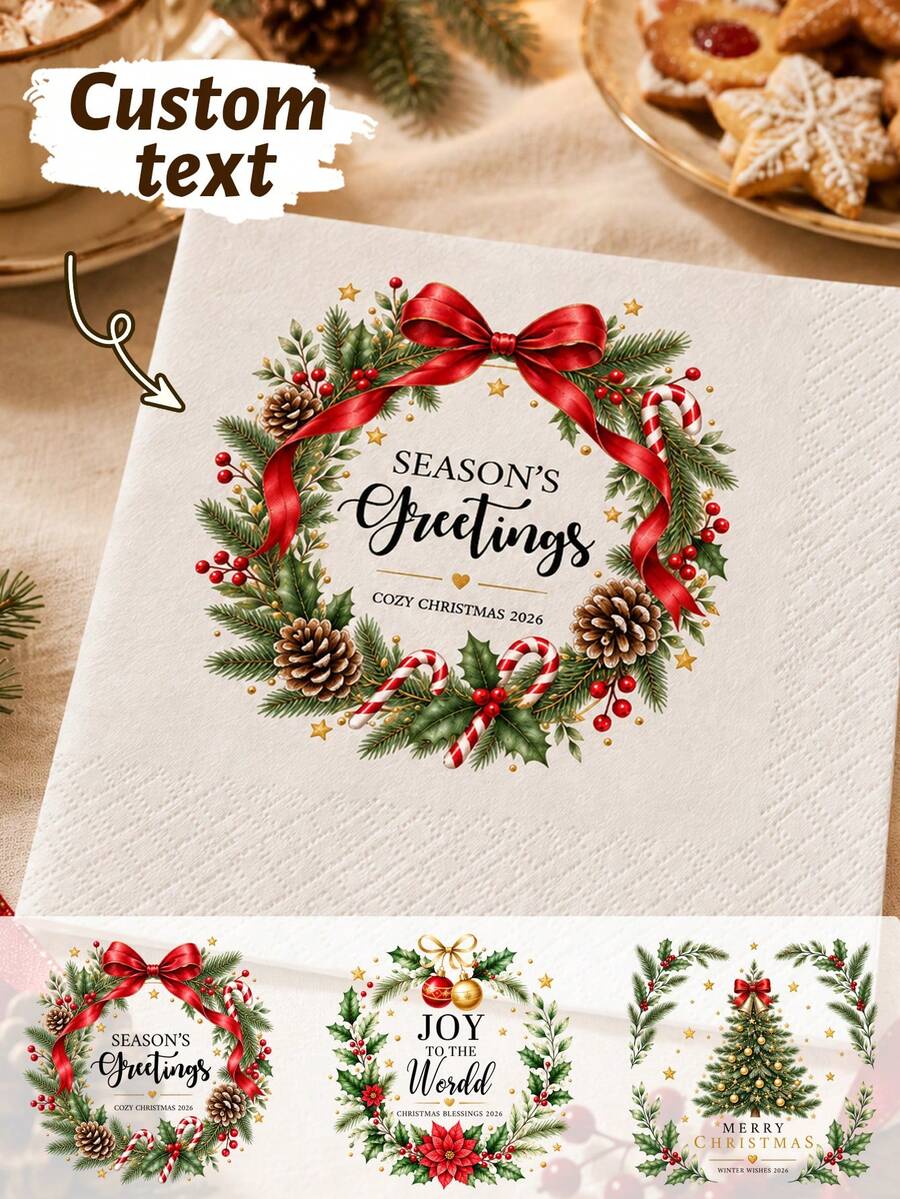 Custom Christmas Cocktail Napkins, Festive Wreath Holiday Table Decor, Personalized Name & Text Party Napkins, Customized Christmas Dinner Supplies, Customizable Text Xmas Table Accent, Holiday Gift For Family & Friends, Family Christmas Gift 2026 - Style C - View 1
