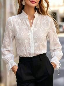 Women's White Embroidered Semi-Sheer Stand Collar Shirt With Ruffle Trim And Lace Cuffs, Button Front Long Sleeve Blouse For Fall Outfits - White - View 7