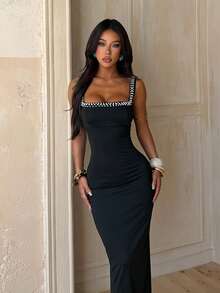 Summer Dress - Black Pearl Square Neck Elegant Dress, Suitable For Dates, Parties, Gatherings, Vacations, Beaches And Other Occasions - Black - View 2