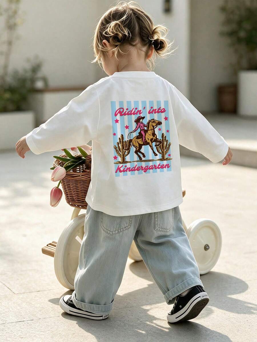 Little Girls Ridin' Into Kindergarten Cowgirl Print Long Sleeve Tee, Western Back To School Casual Round Neck T-Shirt - White - View 1
