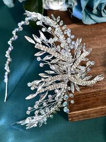 1pc Elegant Rhinestone Faux Crystal Headband, Exquisite Wedding Bridal Hair Accessory, Fashionable Women's Party Ball Vacation Hair Ornament - Silver - View 4