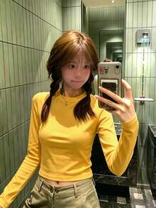 Kaos Dalaman Lengan Panjang Pas Badan Leher Bulat Warna Kuning untuk Wanita, Atasan Manis Gaya Amerika Musim Gugur Y2K - Kuning - View 2