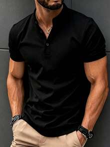 Men's Summer Fashion Henley Collar Short Sleeve T-Shirt, Suitable For Formal Occasions And Daily Social Activities - Black - View 2