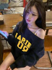 美式復古慵懶性感露肩女款毛衣 秋冬寬鬆針織上衣 - 藏青色 - 查看 8