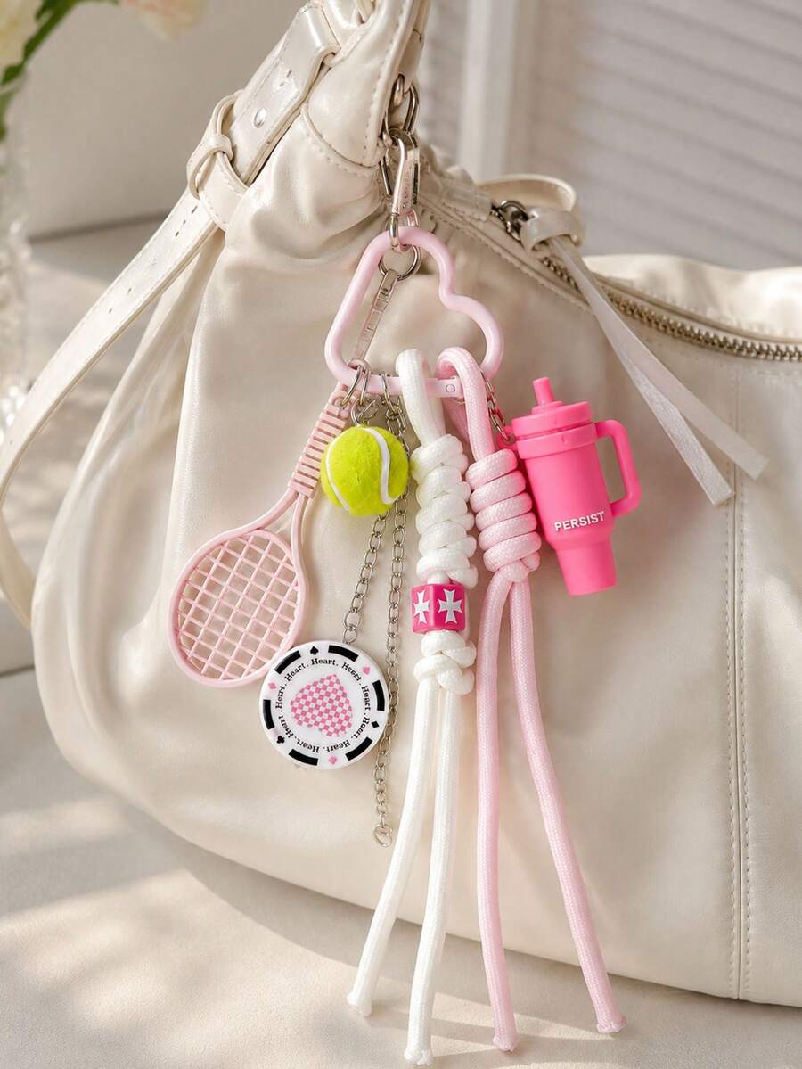 1pc,Cute Tennis Sports Bag Charm, Pink Heart Keychain With Tennis Racket & Ball, Y2K Phone & Backpack Pendant, Aesthetic Gift For Girls