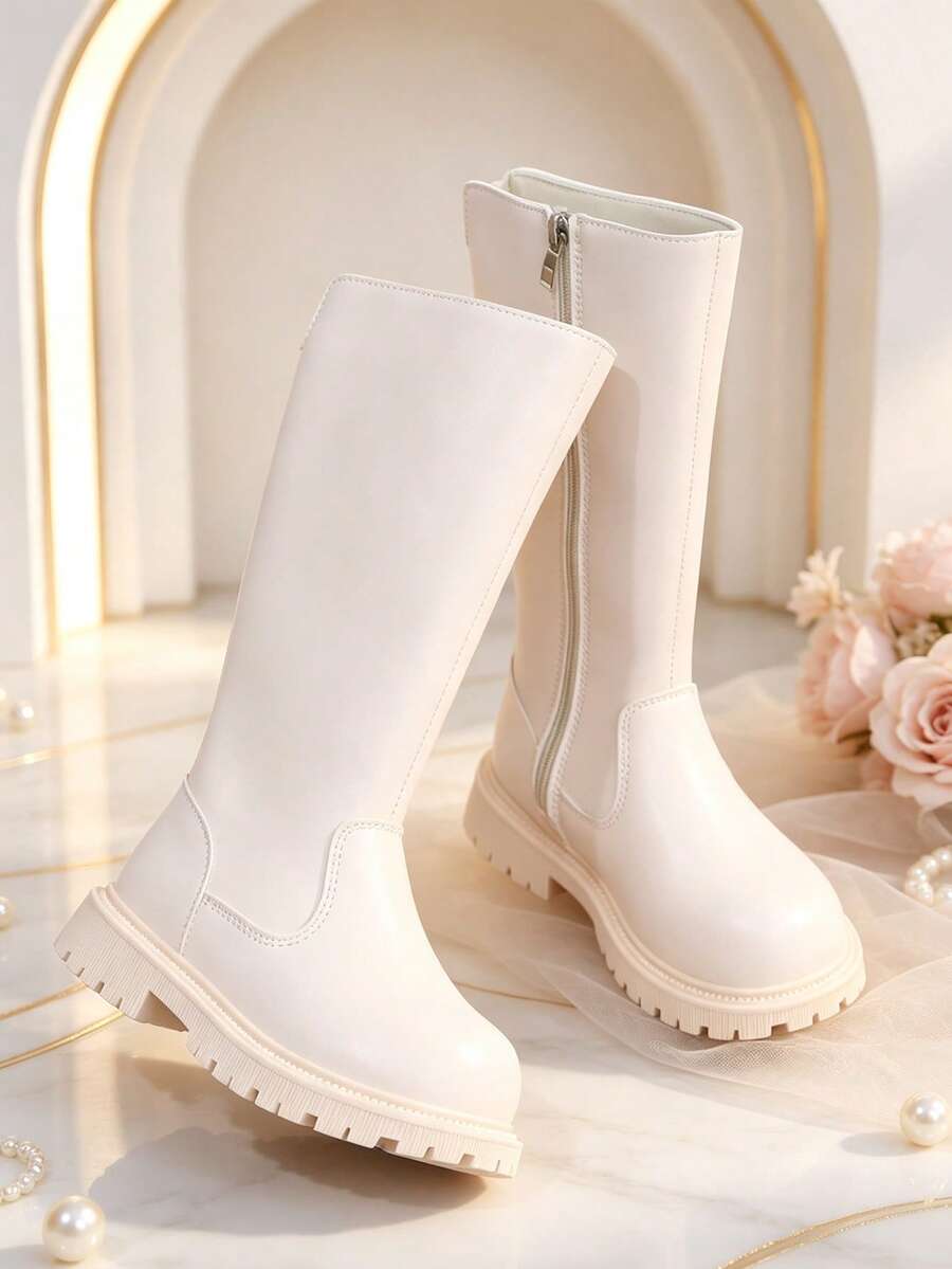 1 Pair Girls' Tall Chelsea Boots, Soft PU + Elastic Soft Sole With Inner Zipper Design, Minimalist Classic Princess Style High-Top Boots, Suitable For Daily Wear, School, Holidays, Autumn/Winter New