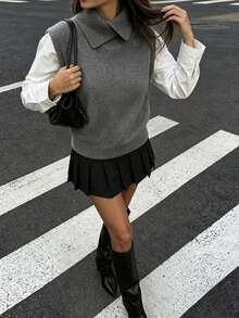 Autumn/Winter Solid Color High Neck Convertible Collar Sleeveless Knit Vest, Casual Street Style Heather Gray Tank Top - Dark Grey - View 4