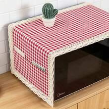 1pc 2-In-1 Microwave Dust Cover With 2 Side Pockets And Exquisite Lace Trim, Polyester Fabric Dust Cloth For Vanity, Coffee Table, Nightstand, Dining Table Cabinet And Home Decor - Red Plaid - View 3