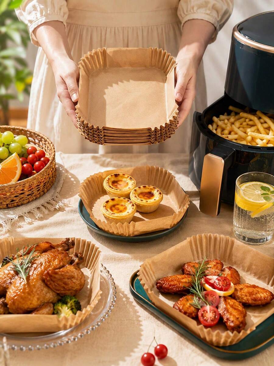 50/100/200 Square Disposable Non-Stick Air Fryer Parchment Liners Are Easy To Clean. Practical Kitchen Accessories Fit For Baking And Microwave Cooking, Available For Household, Hotel And Commercial Catering Use.