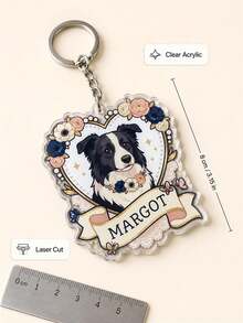 Personalized Photo Cartoon Portrait Keychain, Custom Pet Name Keepsake Bag Charm With Floral Heart Portrait, Gift For Pet Owners And Animal Lovers - Multicolor - View 7