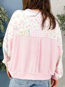 Blusa holgada para mujer con cuello redondo, hombros caídos, manga larga, textura acanalada, estampado floral y a cuadros en patchwork rosa, casual para uso diario y vacaciones de otoño - Rosa Pálido - Ver 3