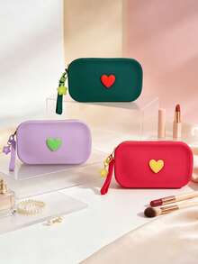 Cute Heart‑Decorated Silicone Cosmetic Bag, Portable Makeup Pouch With Star Charm Wrist Strap, Multi‑Purpose Travel Toiletry Organizer, Small Zipper Storage Purse For Lipstick Jewelry - Multicolor - View 1