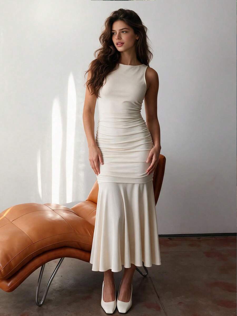 QUNGIGU Women's Pleated Fishtail Hem Solid Color Elegant Evening Date Wedding Vacation Travel Bachelorette Party Dress - Beige - View 1