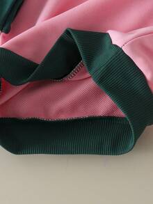 2pcs Baby Girl Casual Sporty Colorblock Raglan Crew Neck Short Sweatshirt & Side Ribbon Bow Straight Leg Pants Set, Spring Autumn - Dark Green - View 4