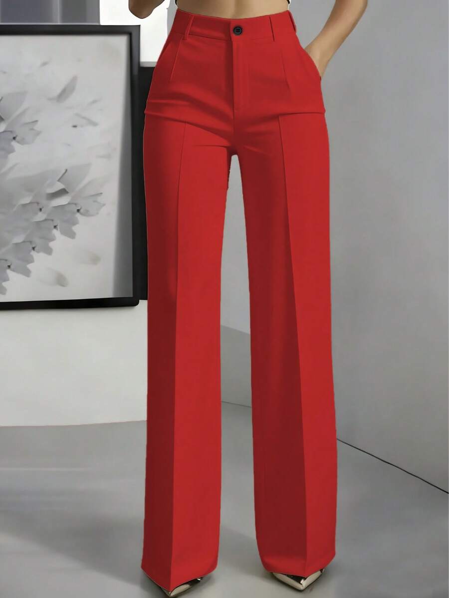 Women's Straight Loose Casual Solid Color Button Zipper Pocket Pants Spring Red - Red - View 1