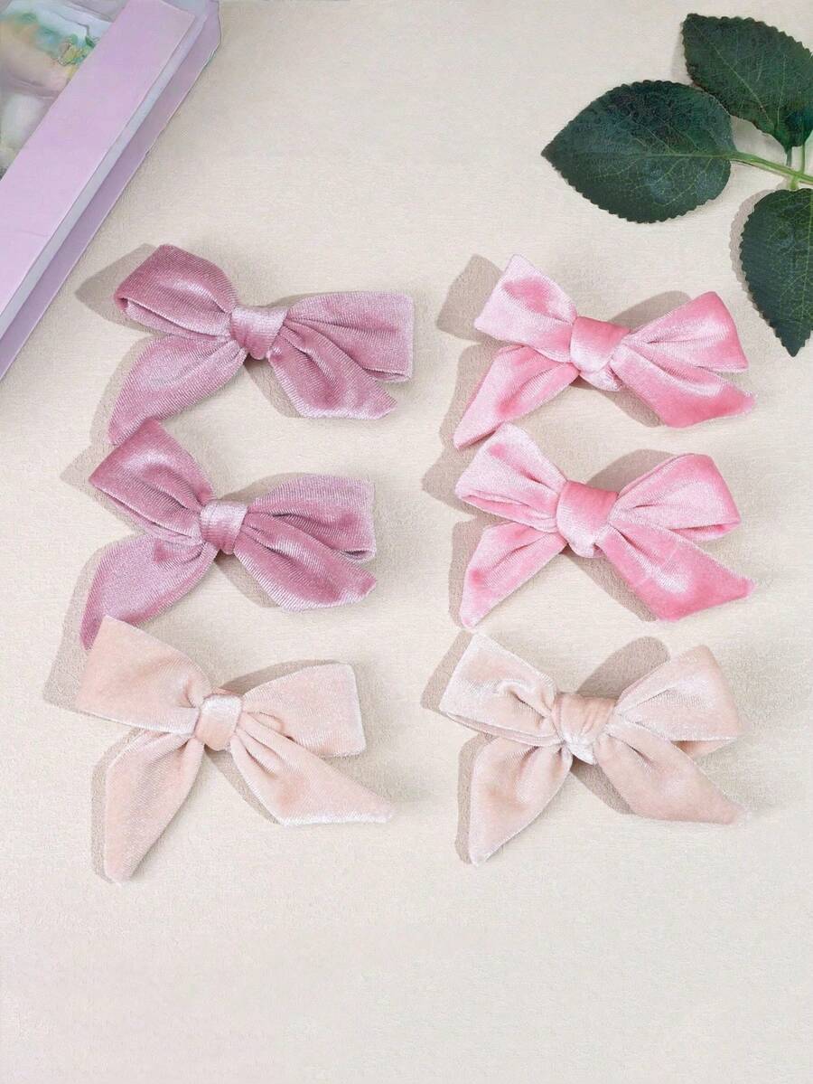 6件組女孩天鵝絨蝴蝶結髮夾，手工製作，簡約時尚 - 彩色 - 查看 1