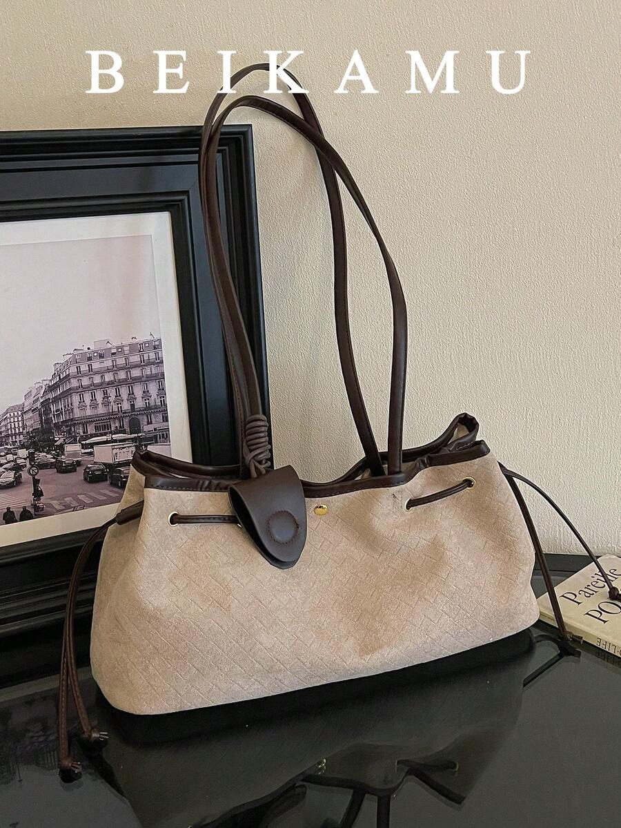 Women's Colorblock Drawstring Underarm Bag, Diamond Quilted Fabric Tote ...