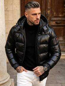 Men's Winter Glossy Detachable Hood Long Sleeve Padded Coat - Black - View 1