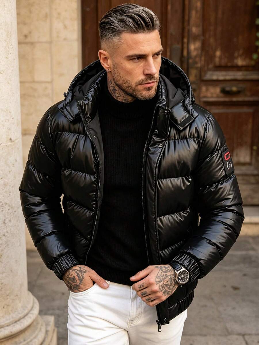 Men's Winter Glossy Detachable Hood Long Sleeve Padded Coat - Black - View 1