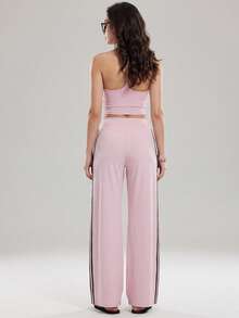 KyrLssu Women Halter Crop Top & Side Stripe Wide‑Leg Pants 2‑Piece Set, High Waist Stretch Yoga Matching Outfit For Workout Daily - Pink - View 3