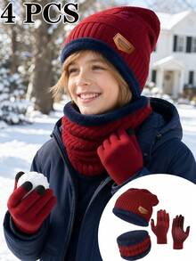 3pcs Kids Winter Hat And Scarf Set, Knitted Beanie Hat And Scarf For 3-12 Years Old Children - 4PCS - View 1