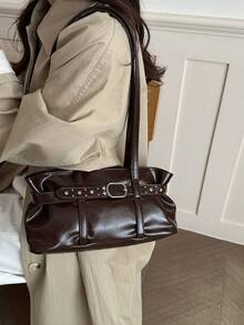 Women's Vintage Faux Leather Shoulder Bag, With Rivet Buckle Strap Decoration, Pleated Design, Soft Underarm Handbag, Retro Y2K Style, Large Capacity, Daily Commute Shoulder Bag - Coffee - View 3