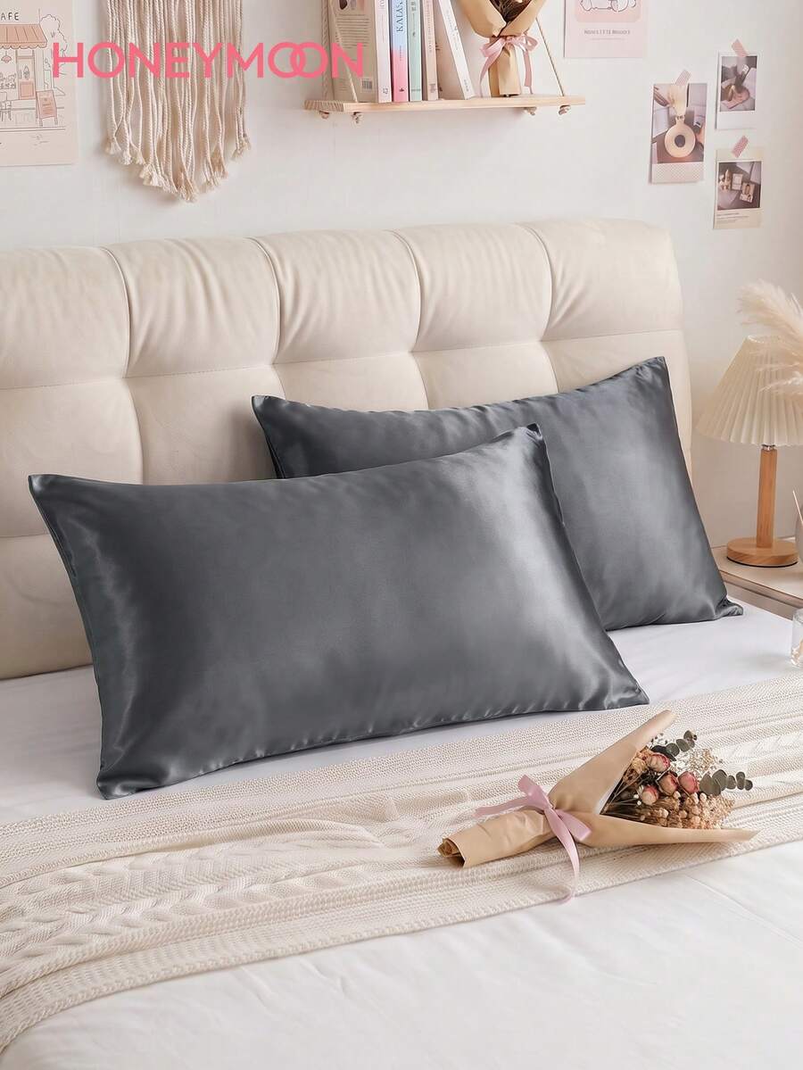 1 Pair Premium Silky Satin Envelope Pillowcases, 2pcs/Pair, Soft & Breathable, Wrinkle-Resistant, Gentle On Hair & Skin, Enhances Sleep Quality, Pillowcases Only (No Pillow Insert), Machine Washable - Dark Grey - View 1