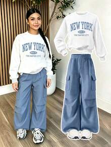 Sweatshirt dan Celana Kargo Hangat Berkerah Bulat dengan Motif Kartun untuk Anak Perempuan Remaja - Putih - View 1
