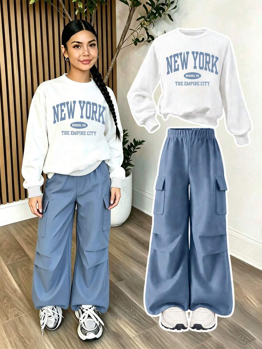 Sweatshirt dan Celana Kargo Hangat Berkerah Bulat dengan Motif Kartun untuk Anak Perempuan Remaja - Putih - View 1