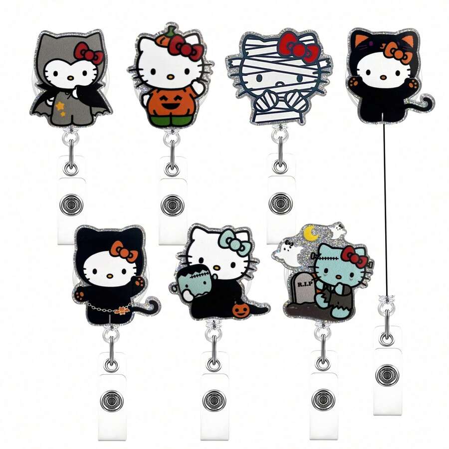 Cute Halloween Gift Sanrio Cat Retractable Badge Reel, Shiny 360° Rotating Pendant With Keychain, Suitable For Halloween Trick Or Treating - Multicolor - View 1