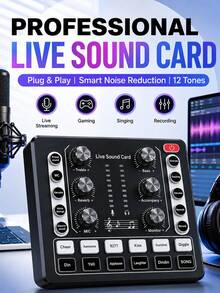 Live Streaming Sound Card Audio Mixer, 12 Sound Effects, Intelligent Noise Reduction, Voice Changer, High/Low Tone & Reverb Adjustment, Plug And Play USB Audio Interface, Suitable For Live Streaming, Karaoke, Gaming, Recording, Music, Unisex Gift - View 1