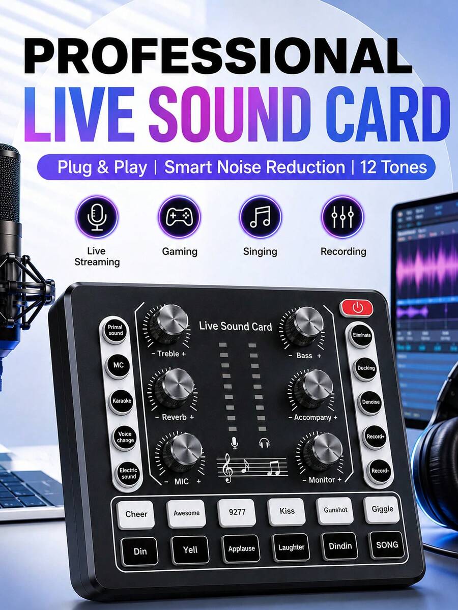Live Streaming Sound Card Audio Mixer, 12 Sound Effects, Intelligent Noise Reduction, Voice Changer, High/Low Tone & Reverb Adjustment, Plug And Play USB Audio Interface, Suitable For Live Streaming, Karaoke, Gaming, Recording, Music, Unisex Gift - View 1